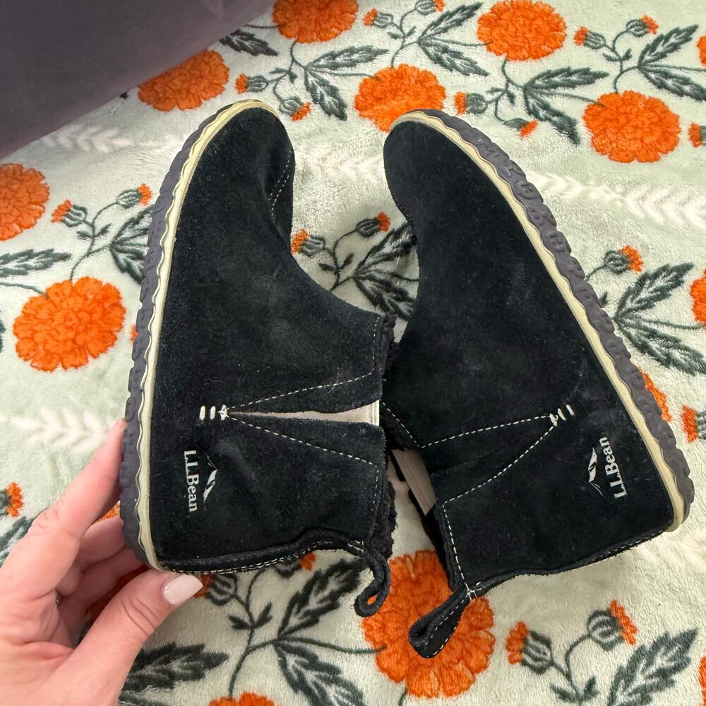 LL Bean Black Suede Mountain Slippers Booties Sherpa Lined Women 6 301554 - Picture 4 of 8